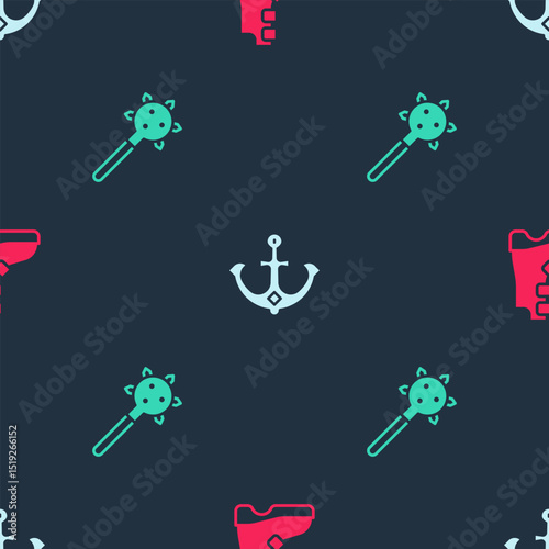 Set Ancient viking boots, Anchor and Mace with spikes on seamless pattern. Vector
