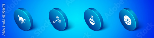 Set Isometric Viking in horned helmet, Bottle with potion, Shield viking and Medieval poleaxe icon. Vector