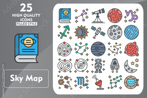 Sky Map Line Filled Icon Set. Incleded Icons Book, Arrow, Telescope, Mars, Capricorn, Sagittarius, Eclipse, Space Station. Vector Icons Collection