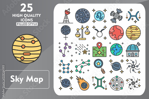 Sky Map Line Filled Icon Set. Incleded Icons Satellite Tower, Meteor Shower, Aquarius, Nebula, Aries, Meteorite, Gemini, Solar System. Vector Icons Collection