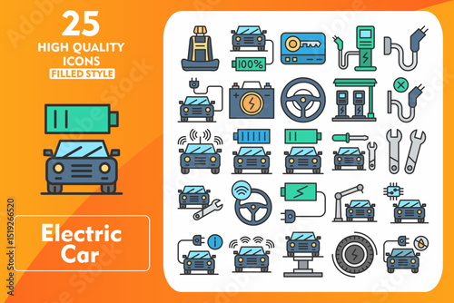 Electric car Line Filled Icon Set. Incleded Icons Car Seats, Battery Status, Key Card, Charging Station, Charger, Electric Car, Accumulator. Vector Icons Collection
