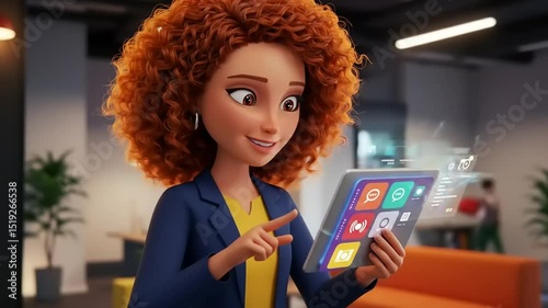 Animated character with curly hair using a tablet in a modern office, engaging with apps and technology