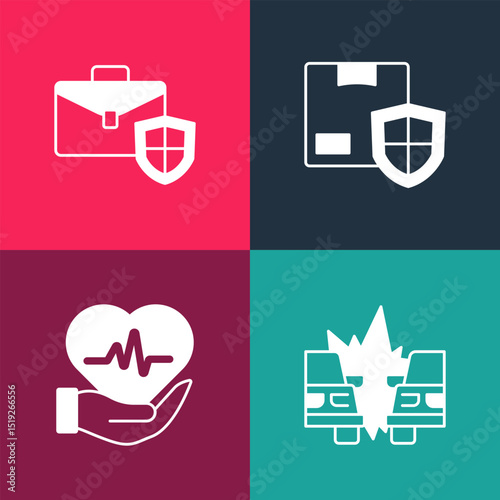 Set pop art Car accident, Life insurance, Delivery security with shield and Briefcase icon. Vector