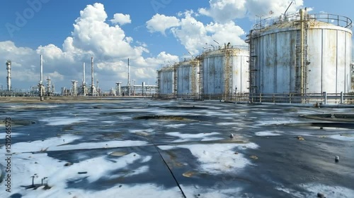 Industrial landscape with large storage tanks, concrete structures, and a dark liquid pool.  Extensive concrete platform, tanks show age.  Backdrop of refinery facilities