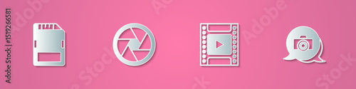 Set paper cut SD card, Camera shutter, film roll cartridge and Photo camera icon. Paper art style. Vector