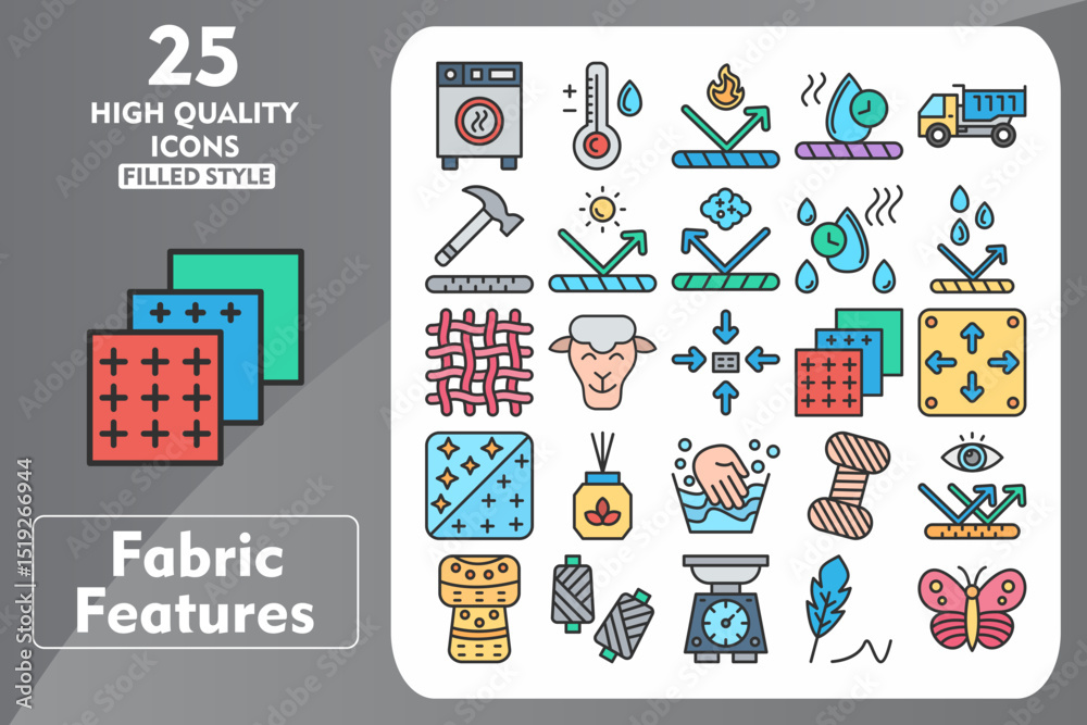 Fototapeta premium Fabric features Line Filled Icon Set. Incleded Icons Dryer, Hot Water, Fireproof, Fast Dry, Heavy Duty, Durable, UV Protection, Dust, Quick Dry. Vector Icons Collection