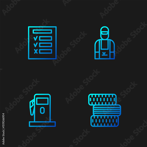 Set line Car tire wheel, Petrol or Gas station, inspection and mechanic. Gradient color icons. Vector