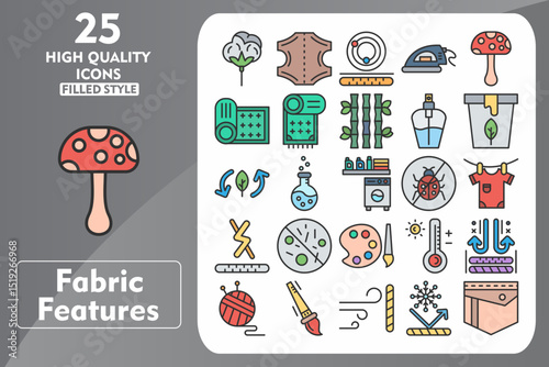 Fabric features Line Filled Icon Set. Incleded Icons Cotton, Chemical, Temperature, Unbreathable, Wool, Brush, Wind Proof, Snow Proof, Pocket. Vector Icons Collection