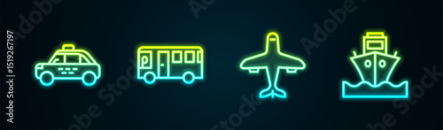 Set line Taxi car, Bus, Plane and Cargo ship. Glowing neon icon. Vector