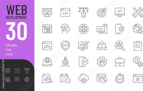 Web Development Line Editable Icons set. Vector illustration in modern thin line style of technology related icons: software, design, programming, and more. Isolated on transparent background.