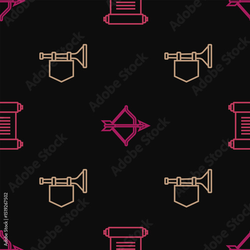 Set line Decree, parchment, scroll, Trumpet with flag and Medieval bow and arrow on seamless pattern. Vector