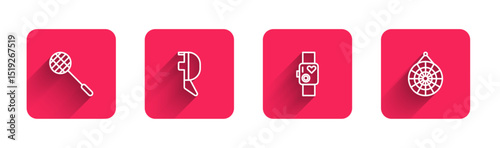 Set line Tennis racket, Fencing helmet mask, Smart watch showing heart beat rate and Classic dart board with long shadow. Red square button. Vector