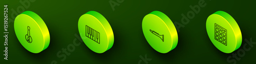 Set Isometric line Banjo, Grand piano, Clarinet and Drum machine icon. Vector