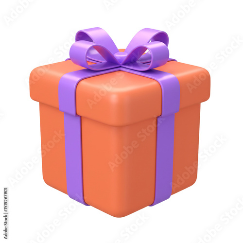 3D Rendered Orange Gift Box with Purple Ribbon and Bow Isolated on White Background