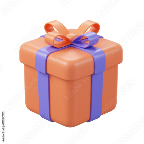 3D Render of a Gift Box with Orange and Purple Ribbons and a Bow on White Background