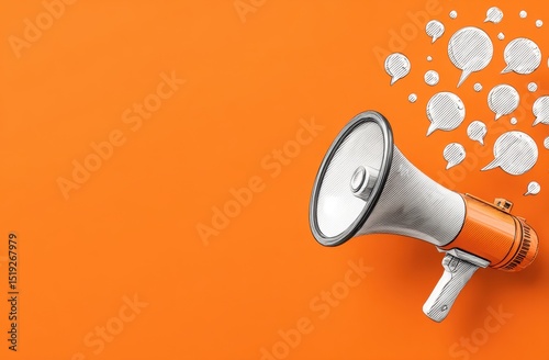 Megaphone with speech bubbles on orange backdrop