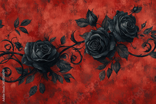 Fototapeta Naklejka Na Ścianę i Meble -  Gothic Black Roses on Red Texture. An elegant gothic floral pattern featuring black roses and leaves against a textured red background, evoking a sense of dark romance and dramatic beauty.
