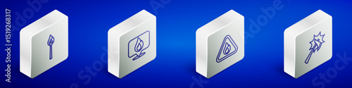 Set Isometric line Burning match with fire, Location flame, Fire triangle and Firefighter axe icon. Vector