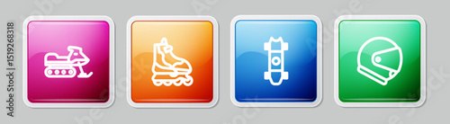 Set line Snowmobile, Roller skate, Longboard or skateboard and Helmet. Colorful square button. Vector