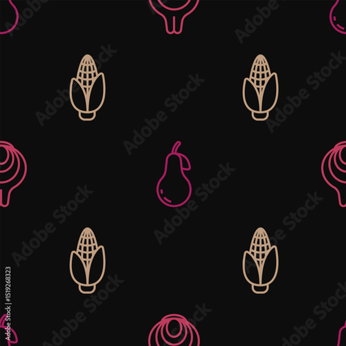 Set line Onion, Corn and Pear on seamless pattern. Vector