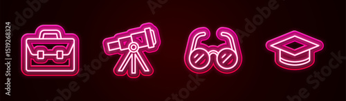 Set line Briefcase, Telescope, Glasses and Graduation cap. Glowing neon icon. Vector