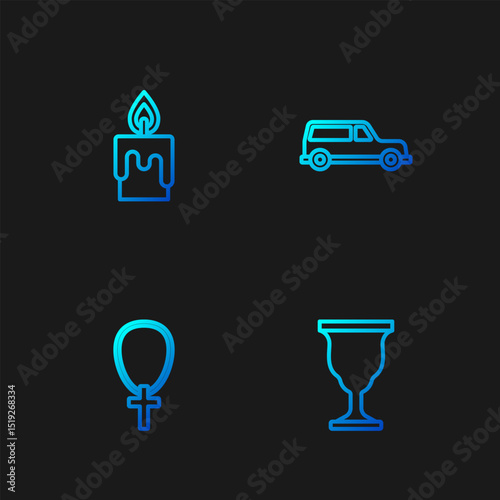 Set line Christian chalice, cross on chain, Burning candle and Hearse car. Gradient color icons. Vector
