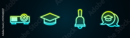 Set line Movie, film, media projector, Graduation cap, Ringing bell and speech bubble. Glowing neon icon. Vector