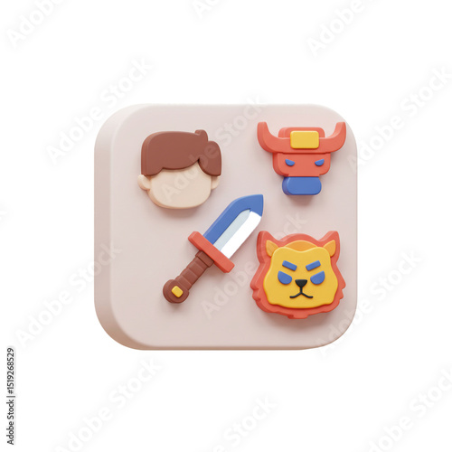 3D Illustration of Cute Game Icons Featuring a Sword, Head, Bull, and Lion