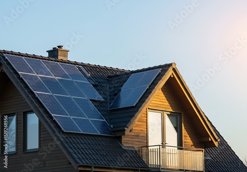 Wallpaper Mural Close-up of new suburban house with a photovoltaic system on the roof. Modern eco friendly passive house with solar panels on the gable roof, with sunlight in the morning vibes Torontodigital.ca