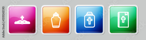 Set line Holy bible book, Funeral urn, and . Colorful square button. Vector