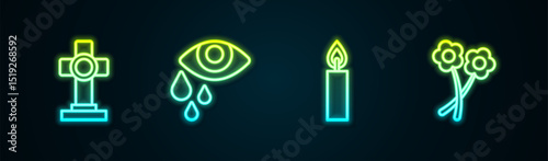 Set line Grave with cross, Tear cry eye, Burning candle and Flower. Glowing neon icon. Vector