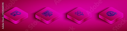 Set Isometric line Credit card, Online slot machine with jackpot, Casino clover and chips icon. Vector
