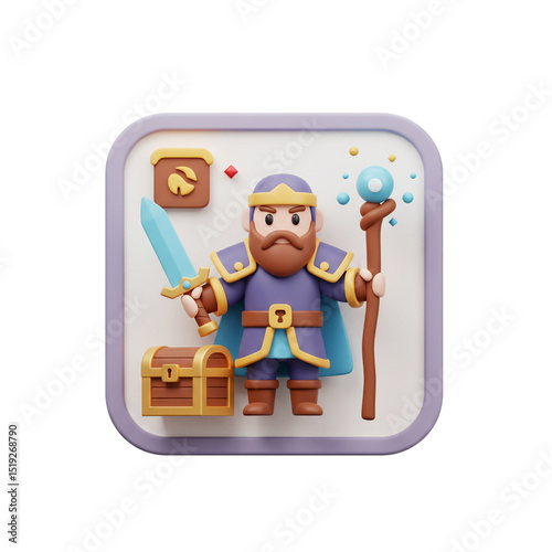 3D Render of a Cartoon Wizard with Sword, Staff and Treasure Chest in a Square Frame