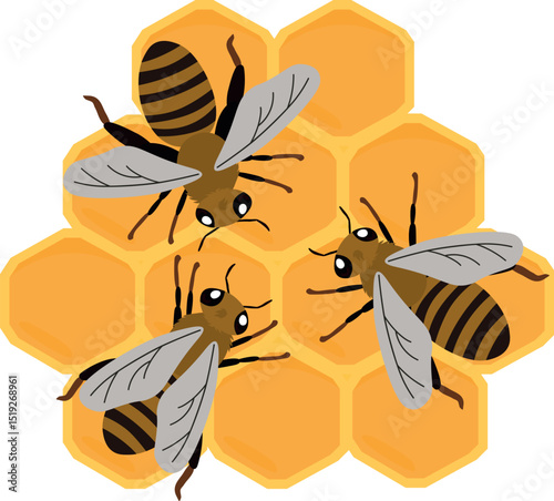Honeycomb beehive with hexagon grid cells and bees. Vector illustration on white background.
