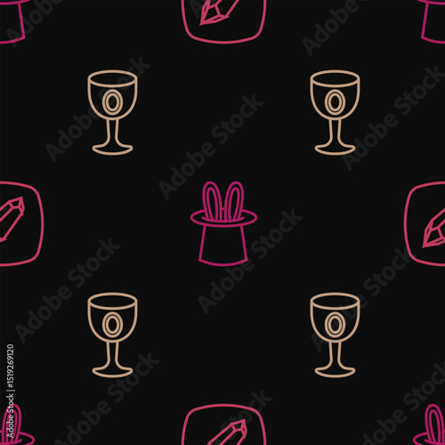 Set line Magic stone, Medieval goblet and Magician hat and rabbit ears on seamless pattern. Vector