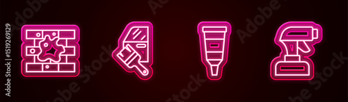 Set line Painting the house, Car painting, Tube with palette and spray gun. Glowing neon icon. Vector