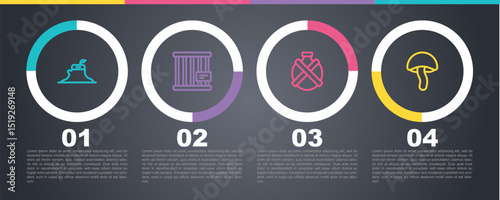 Set line Tree stump, Animal cage, Canteen water bottle and Mushroom. Business infographic template. Vector
