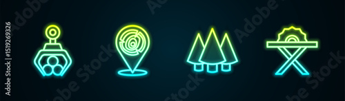 Set line Grapple crane grabbed a log, Wooden logs, Christmas tree and Electric circular saw. Glowing neon icon. Vector