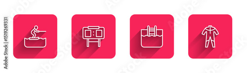 Set line Water skiing man, Sport mechanical scoreboard, Swimming pool with ladder and Wetsuit for scuba diving with long shadow. Red square button. Vector