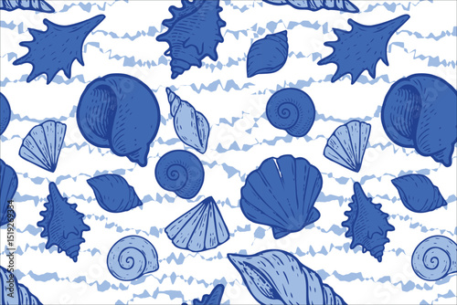 Seamless marine pattern with hand drawn seashells in various blue tones over a wavy striped background. Nautical, fresh, and ideal for summer themed projects. Vector illustration