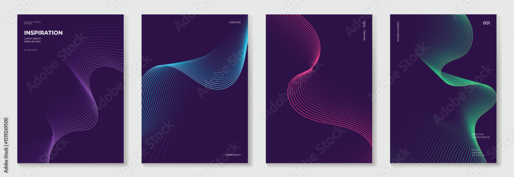 Abstract line wave gradient poster background vector set. Minimalist cover template with vibrant perspective line wave in motion. Ideal design for social media, cover, banner, flyer, music, ads.