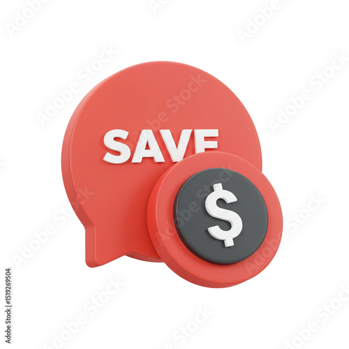 3D rendered illustration of a savings icon with a speech bubble for financial concepts