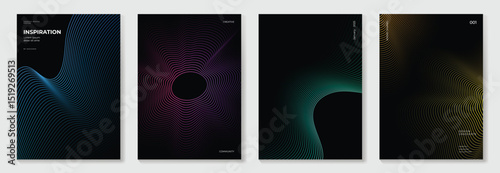 Abstract line wave gradient poster background vector set. Minimalist cover template with vibrant perspective line wave in motion. Ideal design for social media, cover, banner, flyer, music, ads.