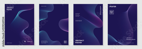 Abstract line wave gradient poster background vector set. Minimalist cover template with vibrant perspective line wave in motion. Ideal design for social media, cover, banner, flyer, music, ads.
