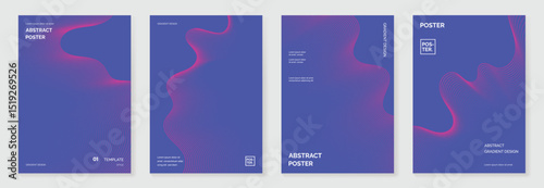 Abstract line wave gradient poster background vector set. Minimalist cover template with vibrant perspective line wave in motion. Ideal design for social media, cover, banner, flyer, music, ads.