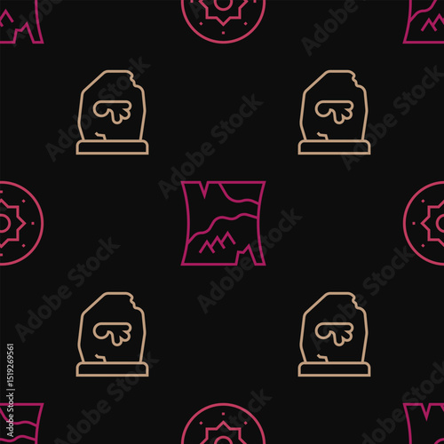 Set line Shield viking, Magic rune and Folded map on seamless pattern. Vector