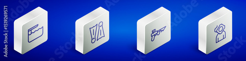Set Isometric line Diving board or springboard, Flippers for swimming, Fishing harpoon and Aqualung icon. Vector
