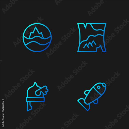 Set line Fish, Viking in horned helmet, Sea and waves and Folded map. Gradient color icons. Vector