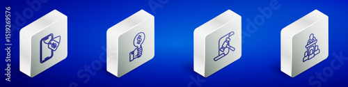Set Isometric line Online auction, Hand holding paddle, Auction hammer and auctioneer sells icon. Vector