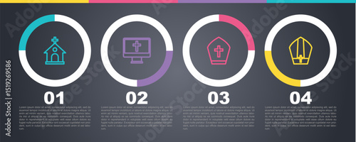 Set line Church building, Christian cross on monitor, Pope hat and . Business infographic template. Vector